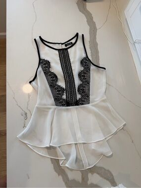 bebe White Peplum Tank with Black Lace Insets